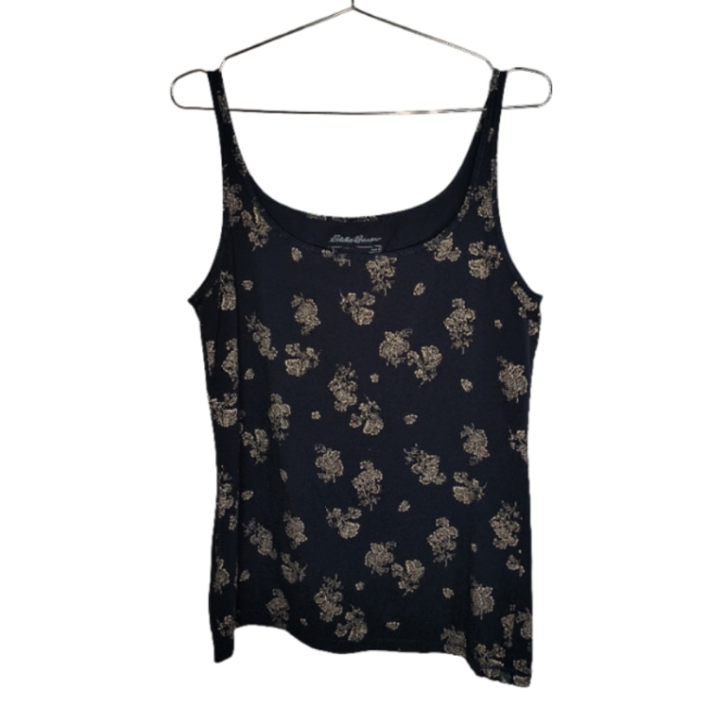 Eddie Bauer Dark Blue and Tan Fitted Floral Camisole Top Size Large